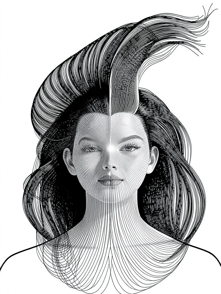 An abstract portrait in which the hair is formed by flowing lines that sweep bac