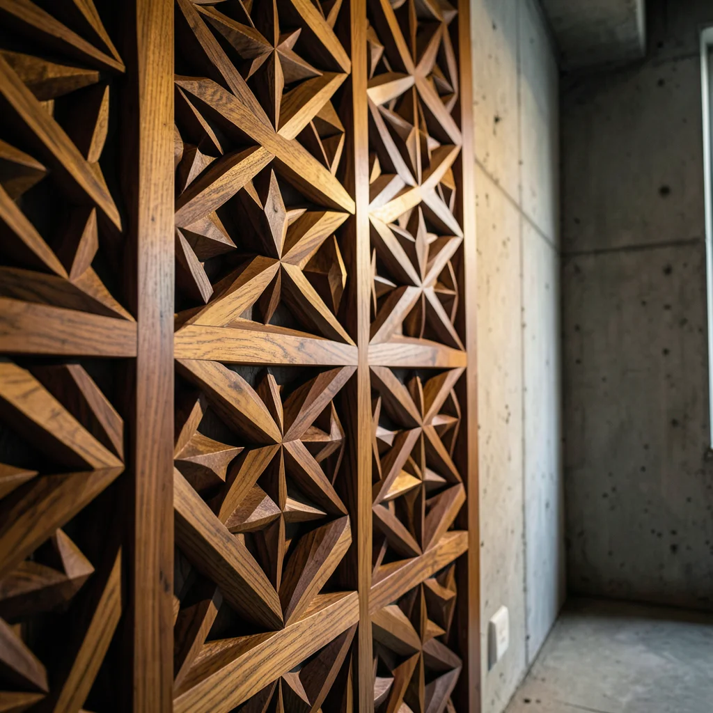 Geometric wood carving panel close-up, interlocking stars and hexagons, walnut a