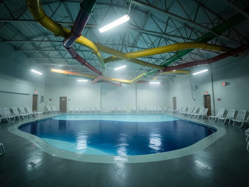 An empty indoor water park at 6am before opening, the slides as colorful tubes t