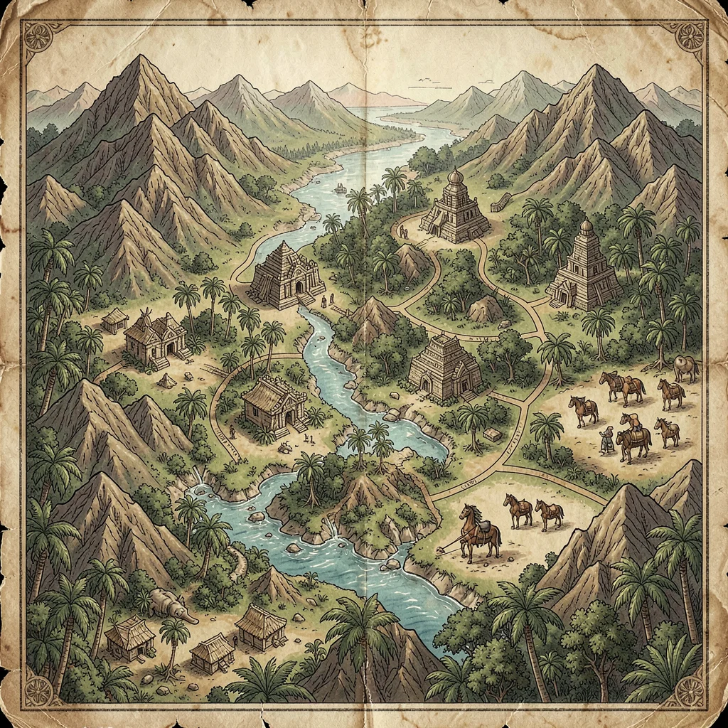 Fantasy map illustration, a jungle region map with temple complexes, river route