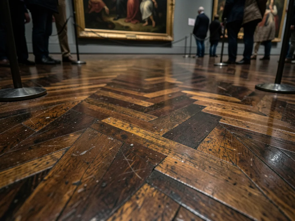 The floor in front of a museum's most popular painting, parquet wood darkened by