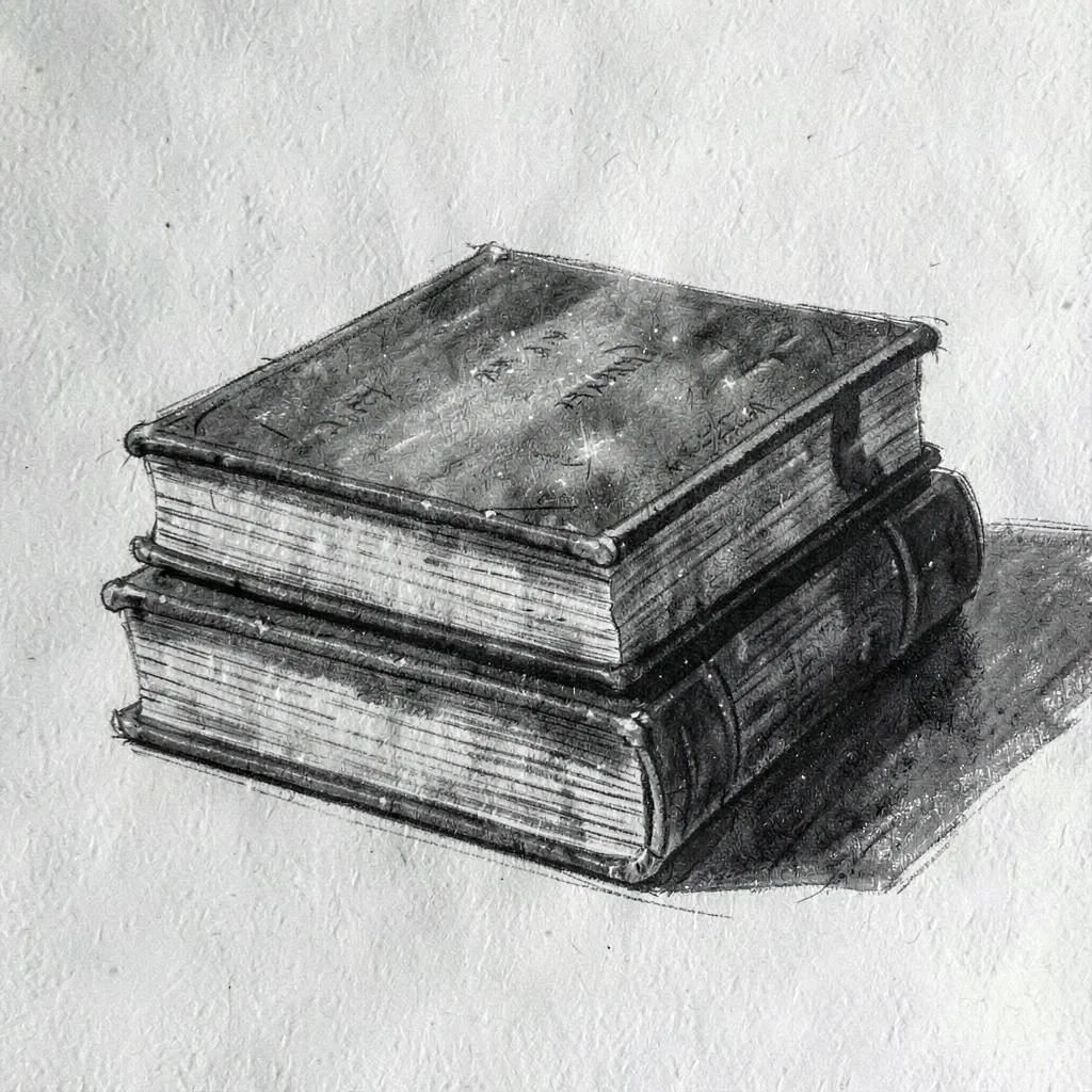 Charcoal study of a stack of bound manuscripts, archival paper grain