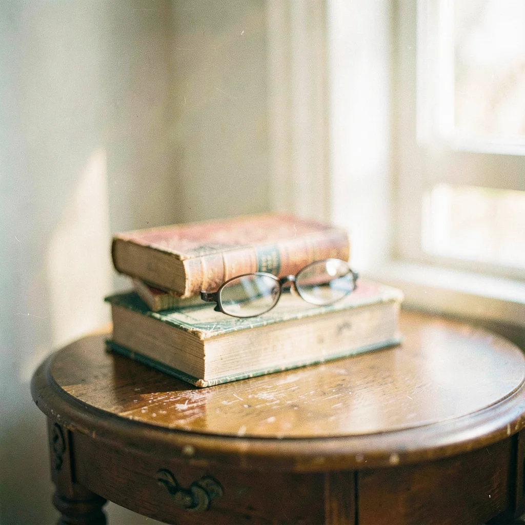 Stack of old books on a side table with reading glasses