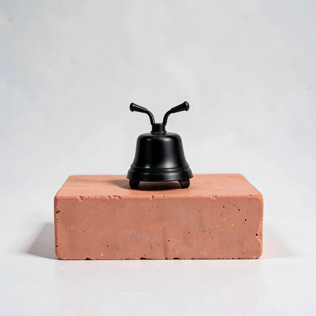 Centered hero of a small bike bell silhouette on a coral block, hairline shadow