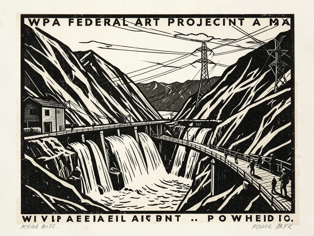 A dam and hydroelectric facility carved into a mountain gorge, water cascading t