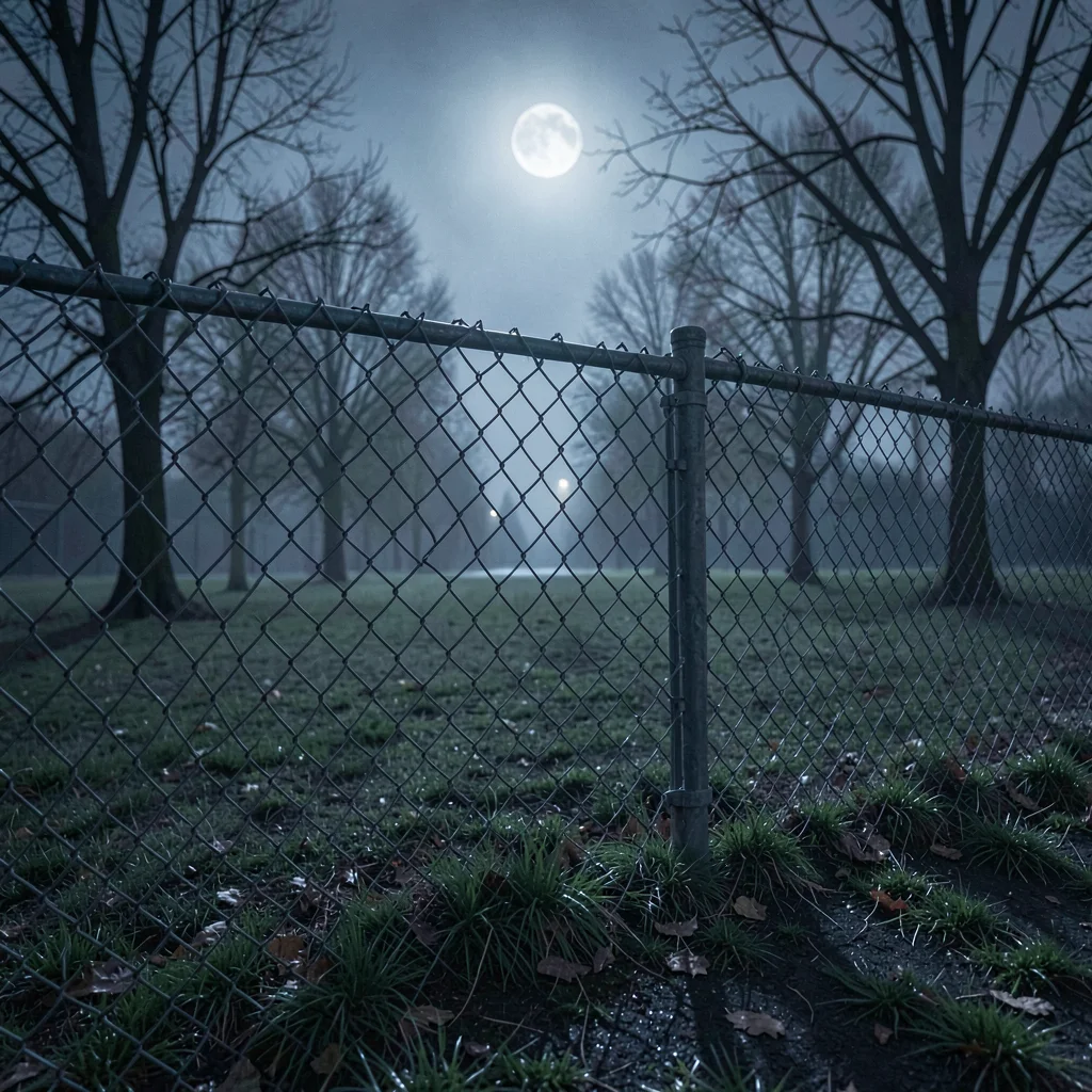 Nocturnal scene of a chain-link fence around an empty park