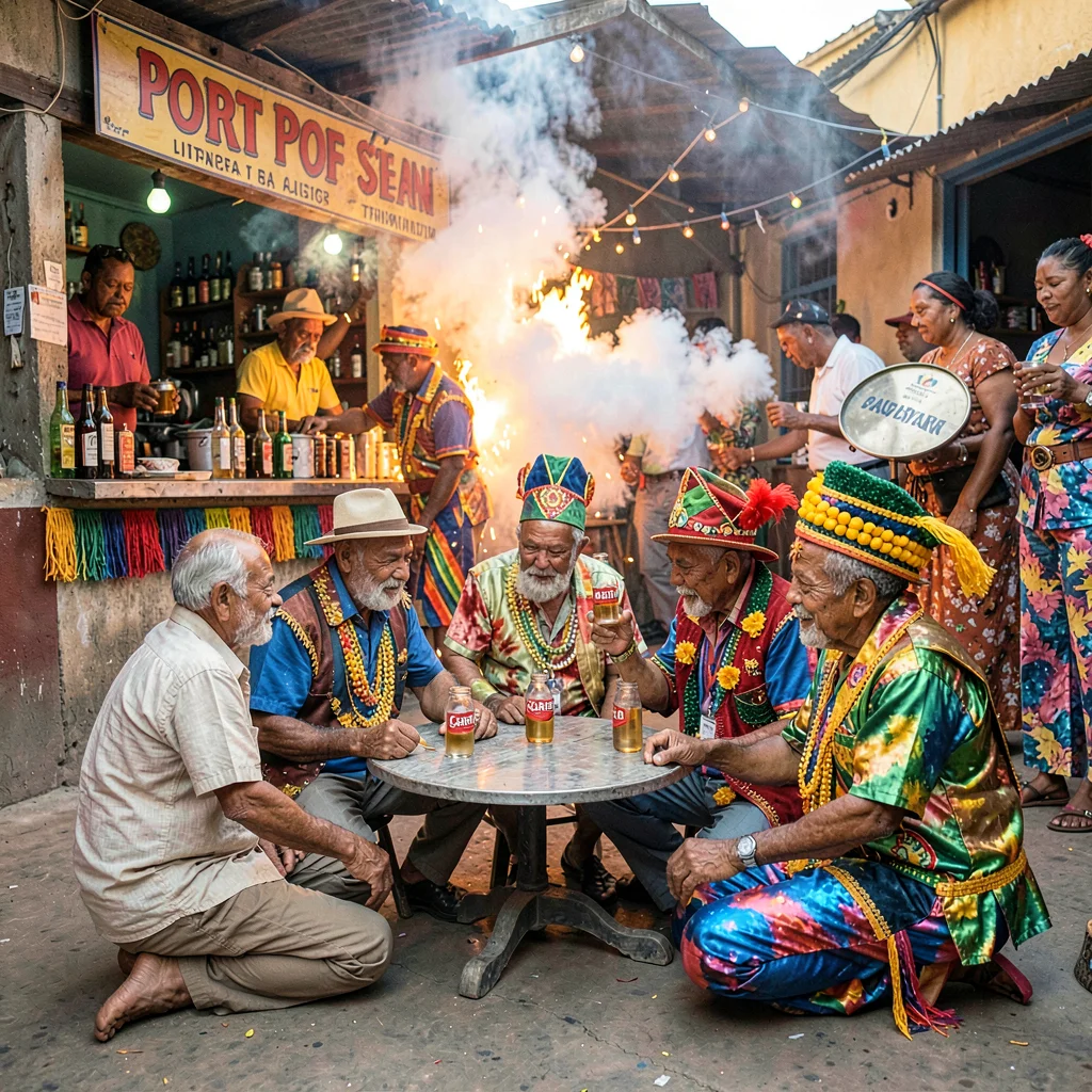 Carnival saturation explosion in Port of Spain, Trinidad, Lime scene at rum shop