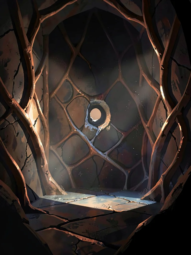 Bone-walled ossuary chamber with a single pinhole shaft over a bone wall, warm c