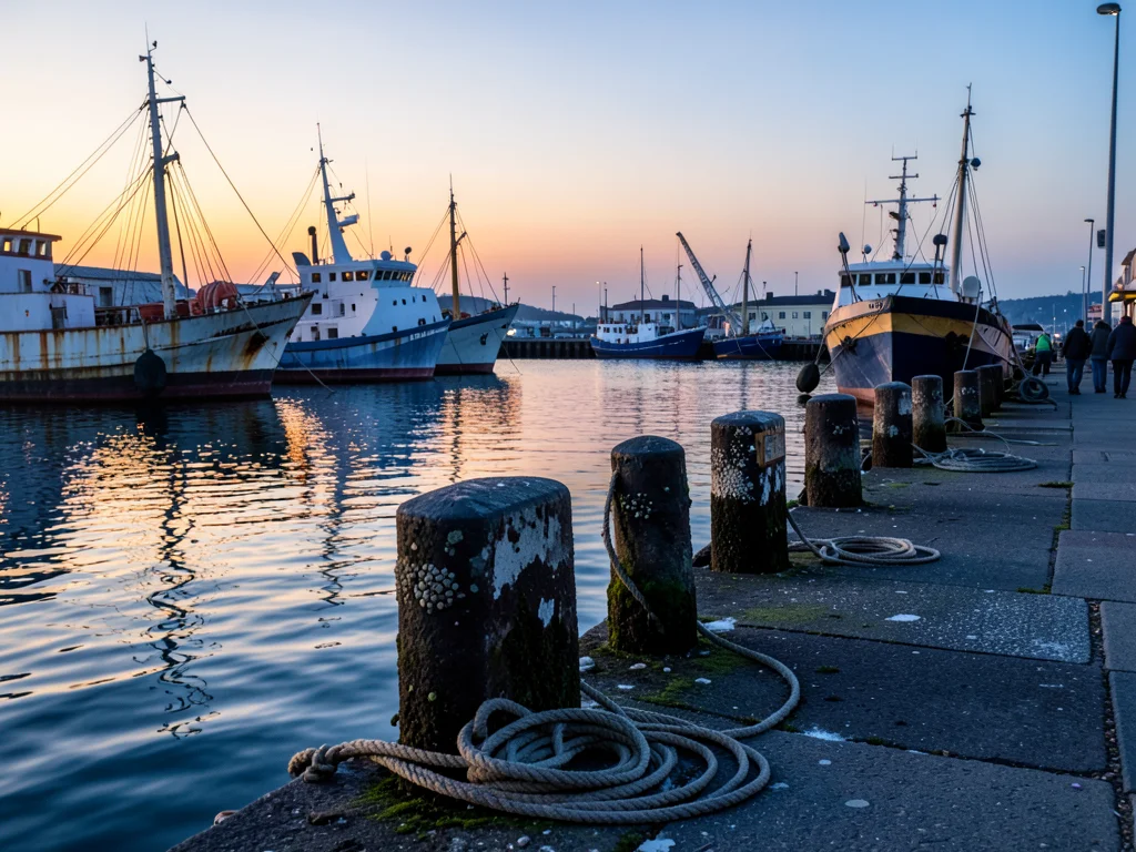 A working harbor at dawn: fishing boats with peeling paint tied to barnacle-cove
