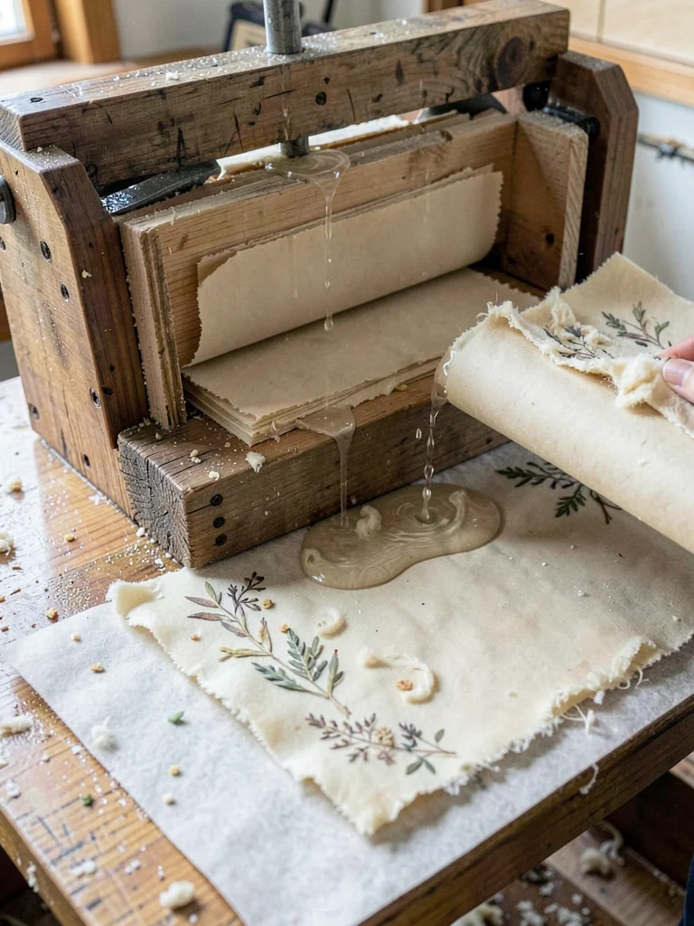 A large wooden press squeezing a post of sheets between boards, water dripping