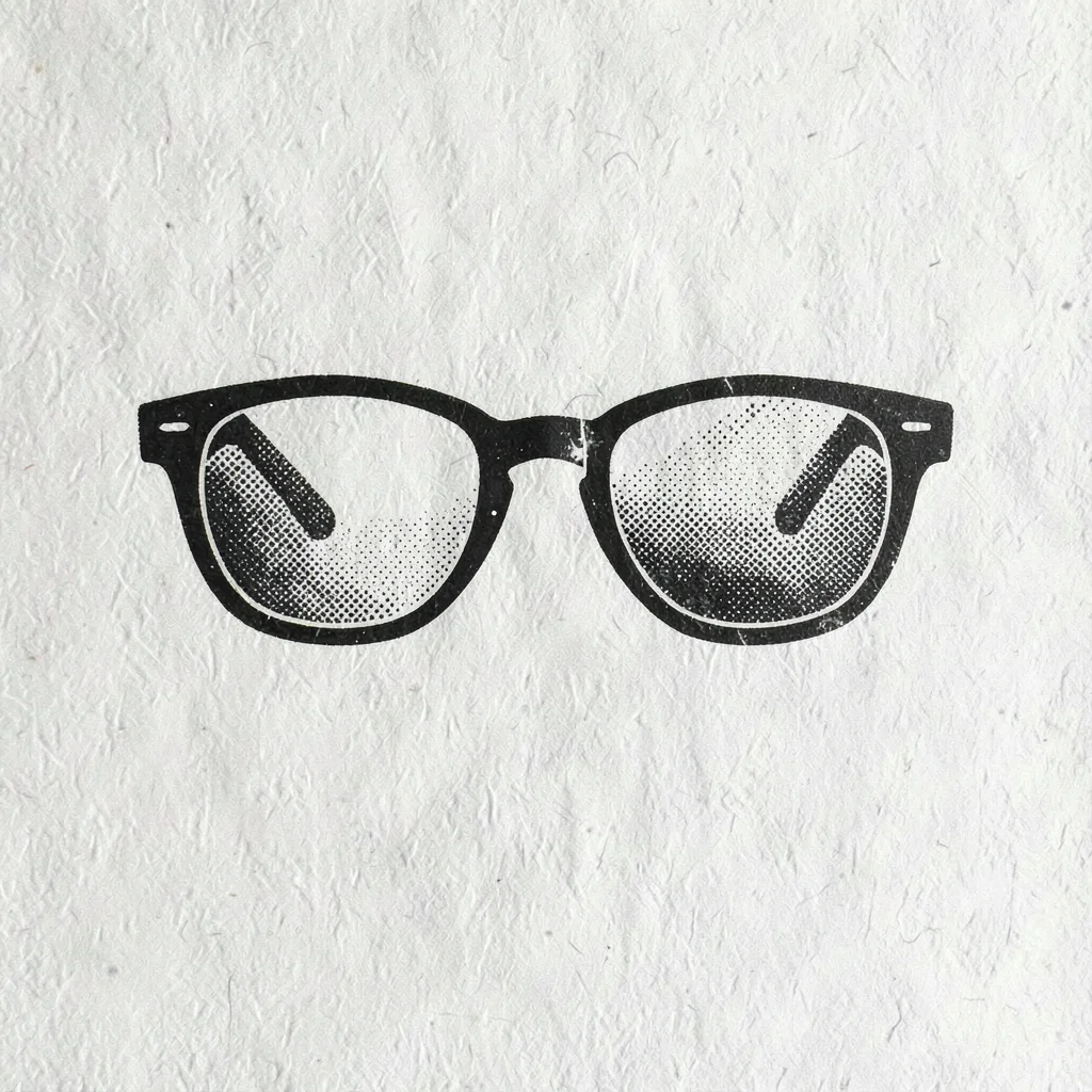 Two-color riso design of halftone glasses against a textured paper background, b