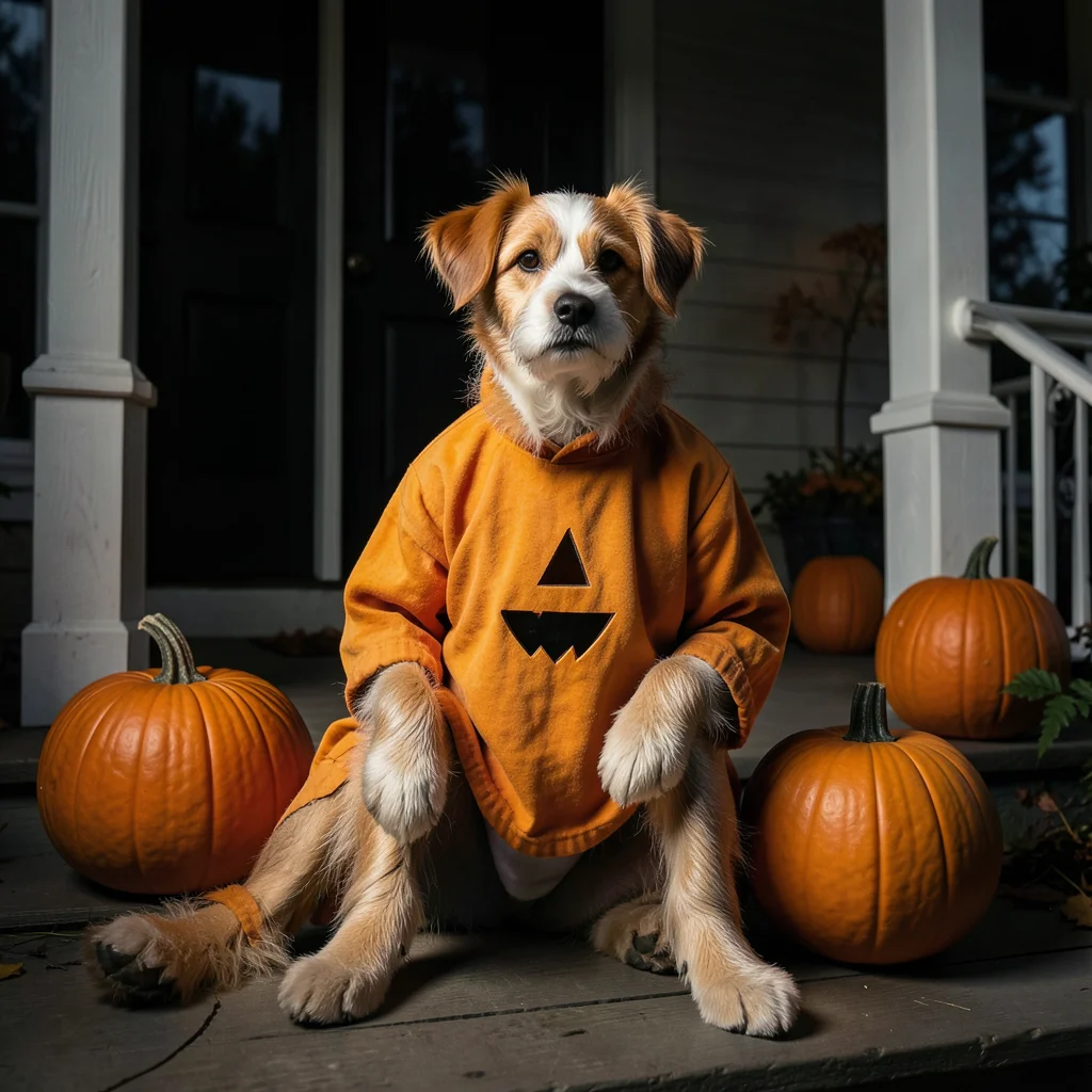 Dog wearing pumpkin costume sitting on front porch with real pumpkins