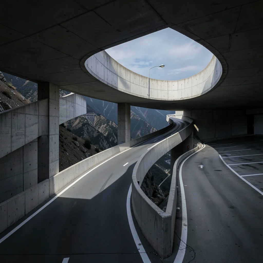 Spiral parking ramp descending into depths like a mountain road