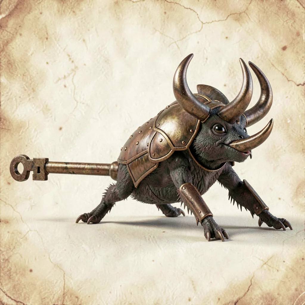 Tiny rolly stag-beetle-spirit with bronze-armored back and oversized mandibles r