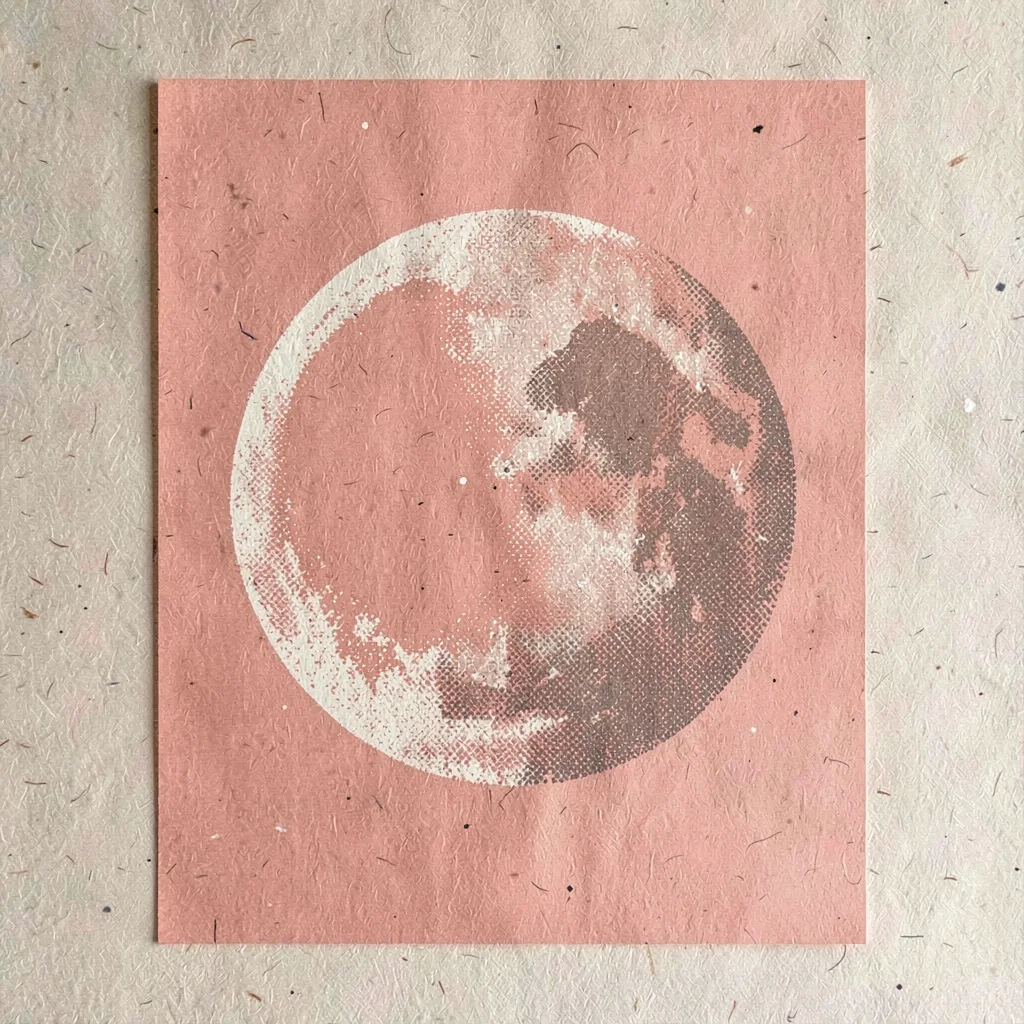 Bold screenprint poster of a halftone moon silhouette in coral over flat oat pap
