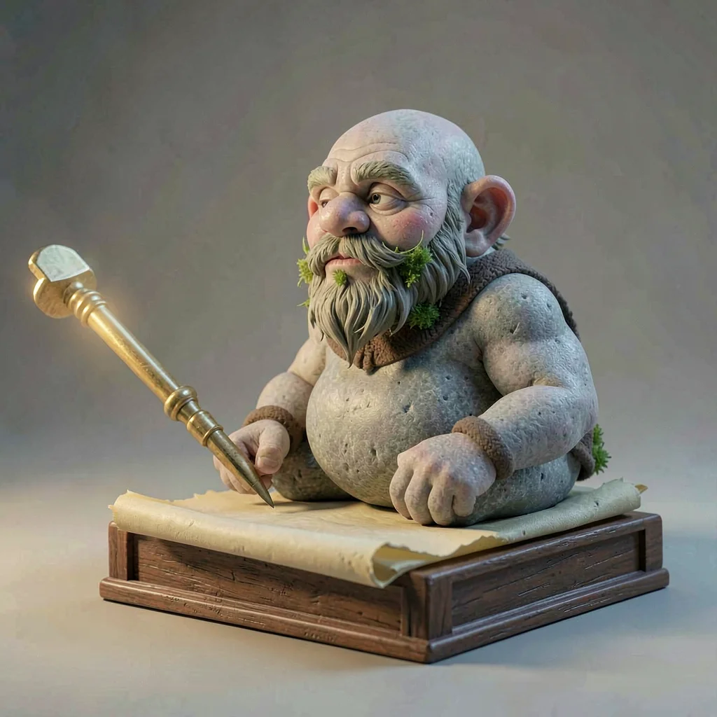 Pebble-folk gnome-sprite with smooth river-stone body and tiny moss-tuft beard, 