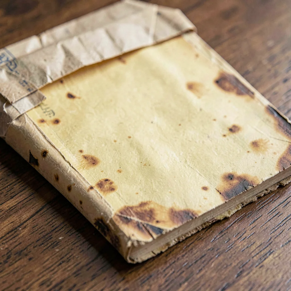 Paper close-up of a yellowed back-issue with foxed edges, slipped from its bag