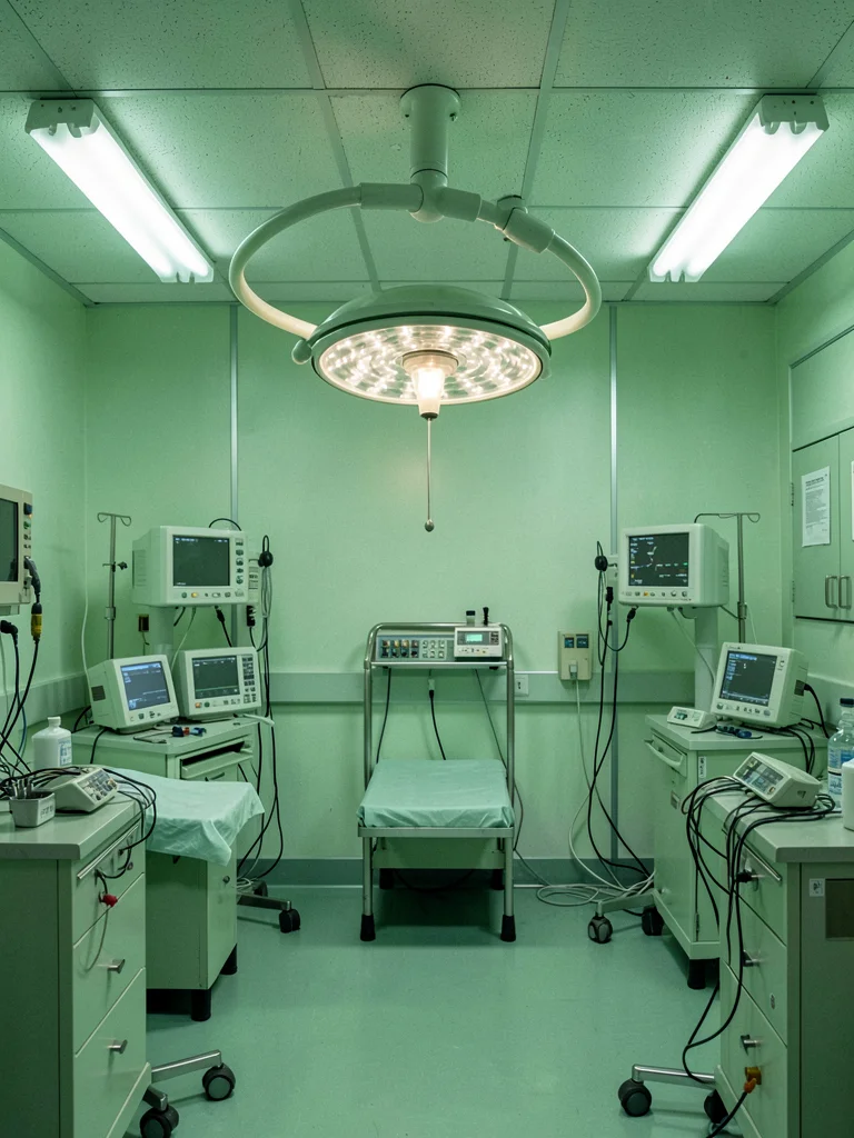 Green surgical lamp overhead, operating theater equipment, medical illumination