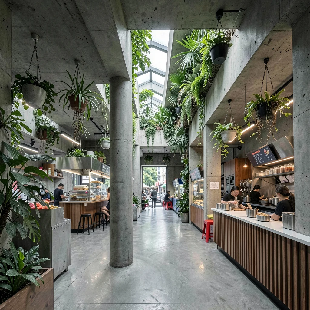 Singapore tropical modernism, green claiming grey, Modern hawker center interior