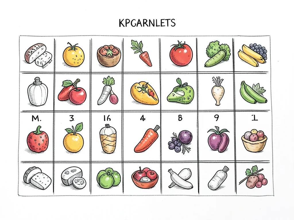A hand-drawn periodic table but each element is replaced with a food item doodle