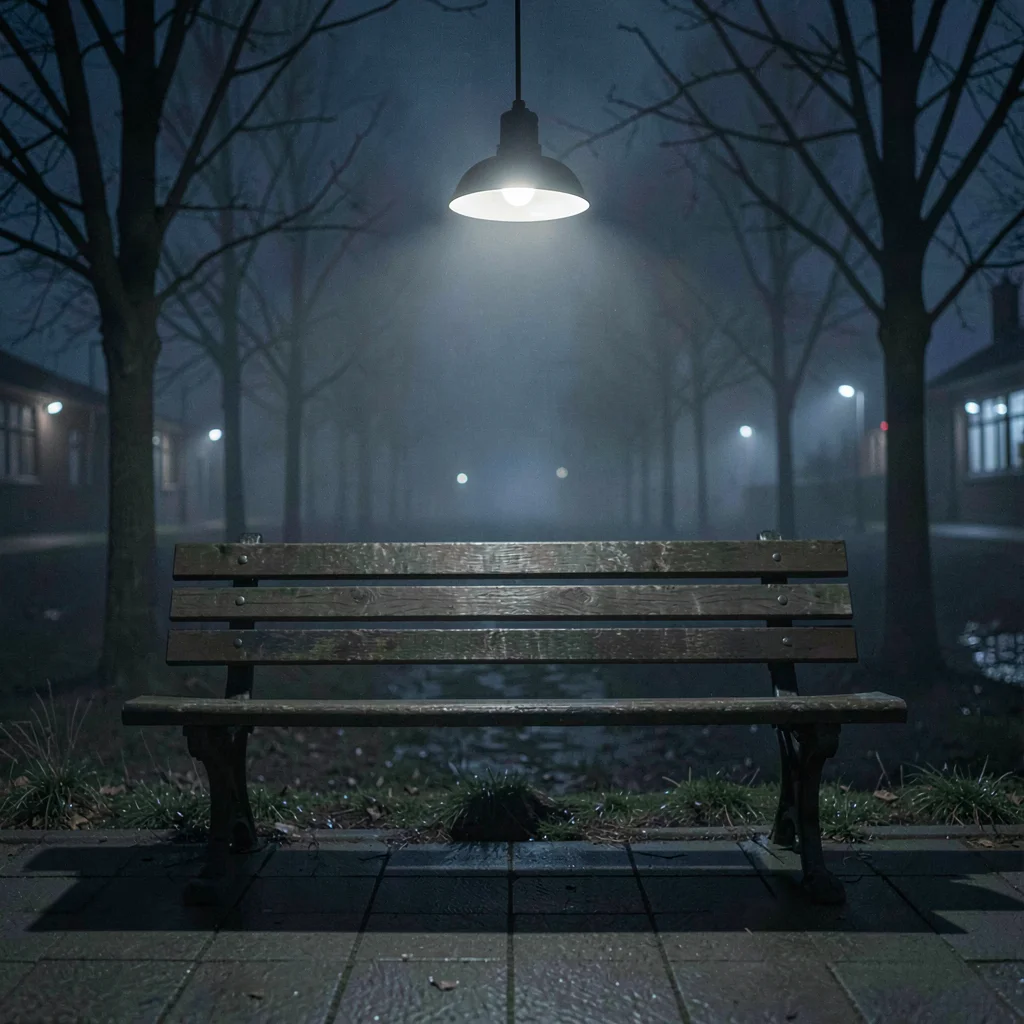 Nocturnal blog scene of an empty waiting bench at midnight, low pendant light