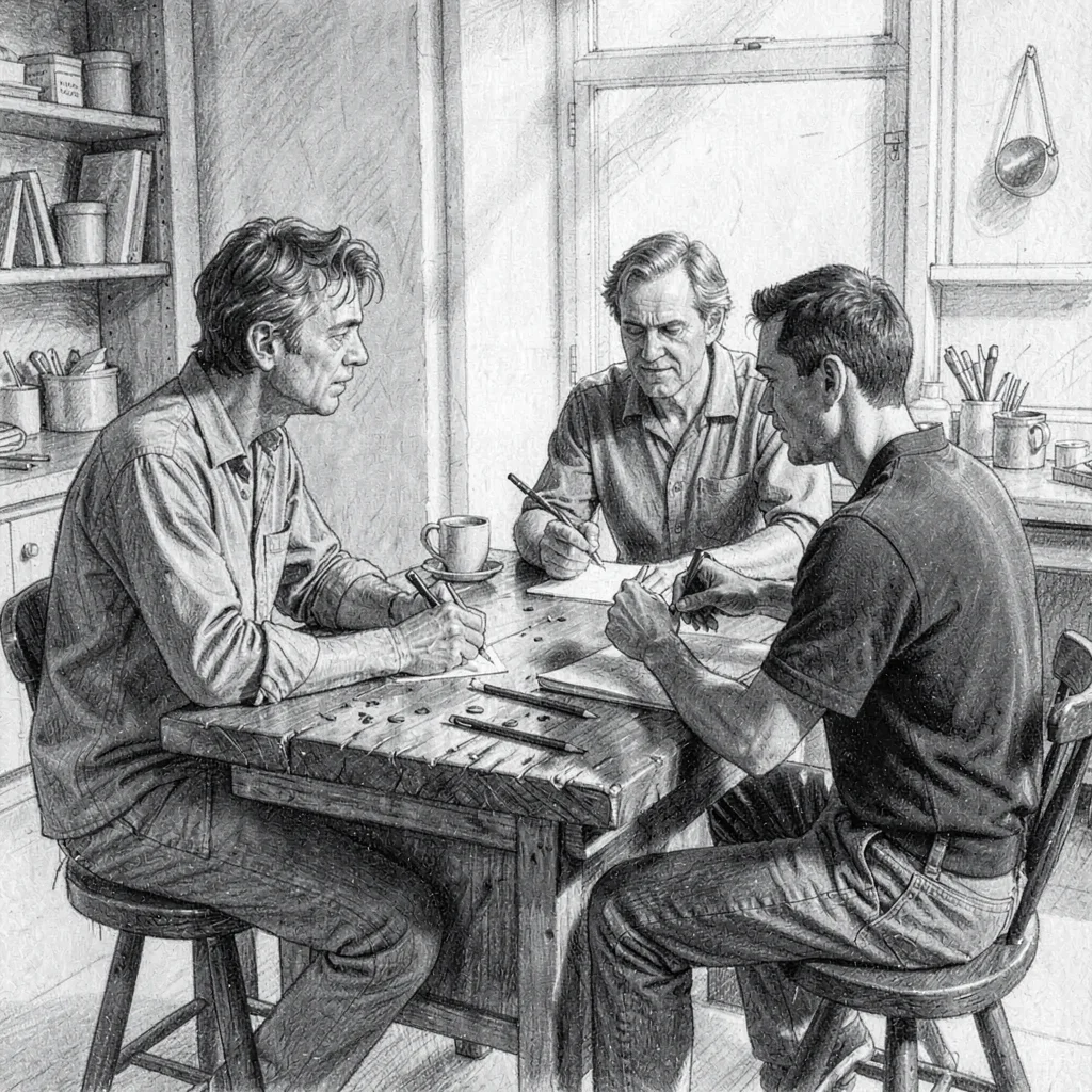 Charcoal sketch of a critique session around a workbench, painterly graphite sha