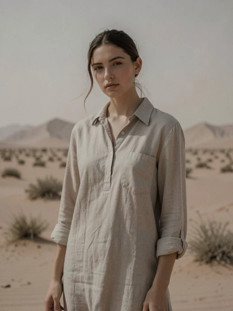 Model in neutral linen against desert