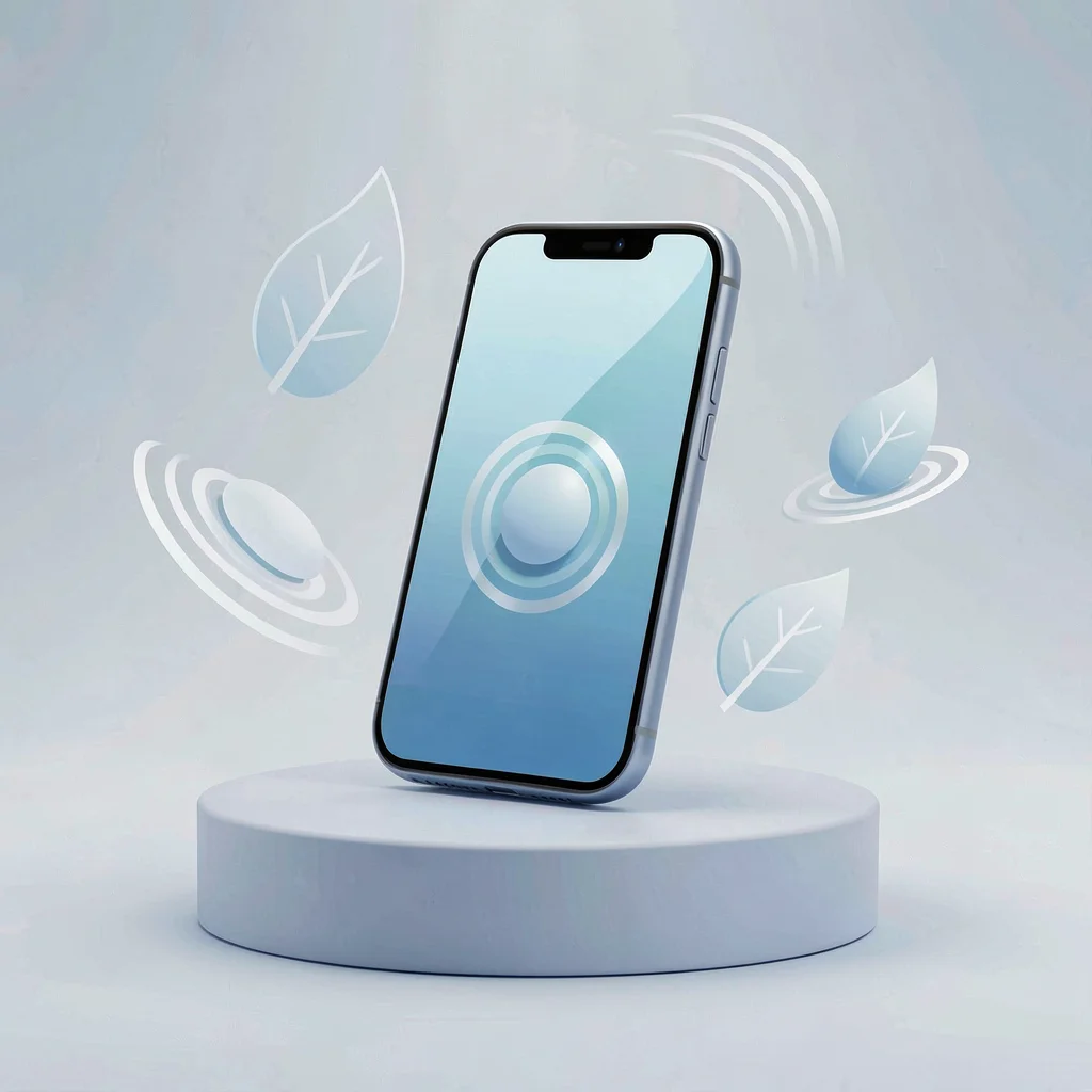 Flat UI hero of a phone tilted three-quarter on a soft pedestal, abstract leaf a
