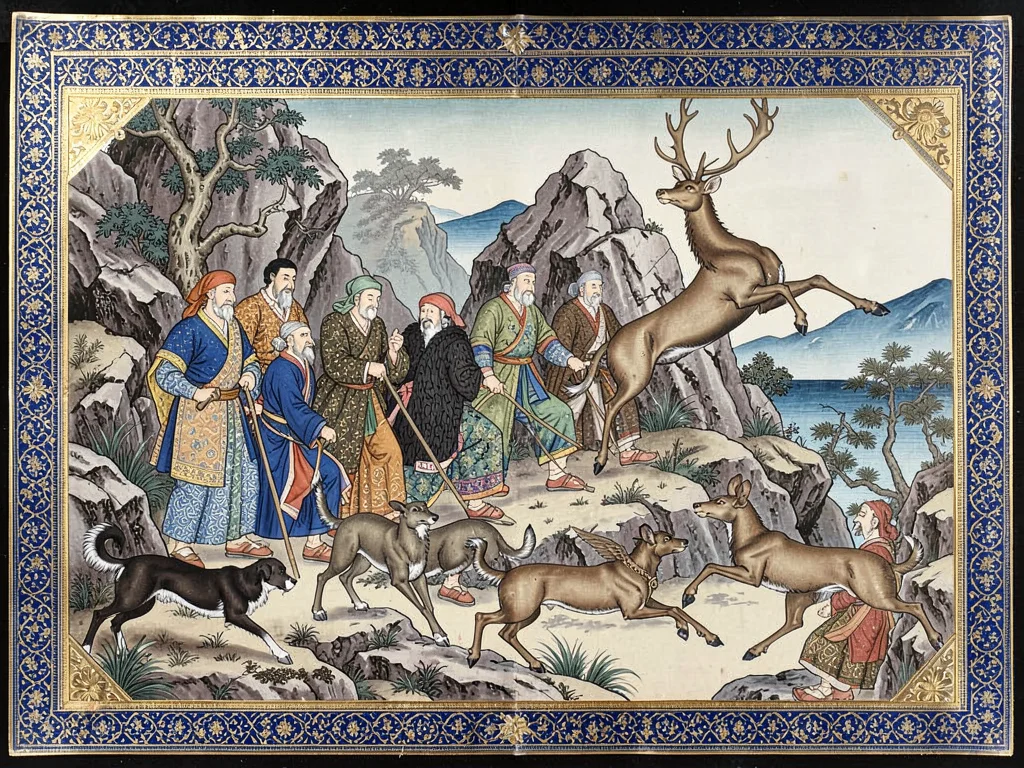 Hunting party among rocky outcrops with hounds and a leaping stag