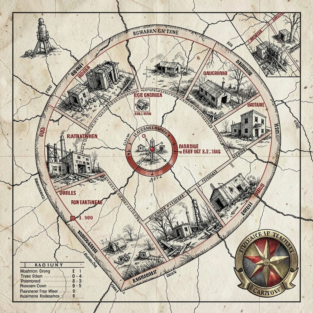 A post-apocalyptic radioactive-zone exclusion map with quarantine perimeters, ge