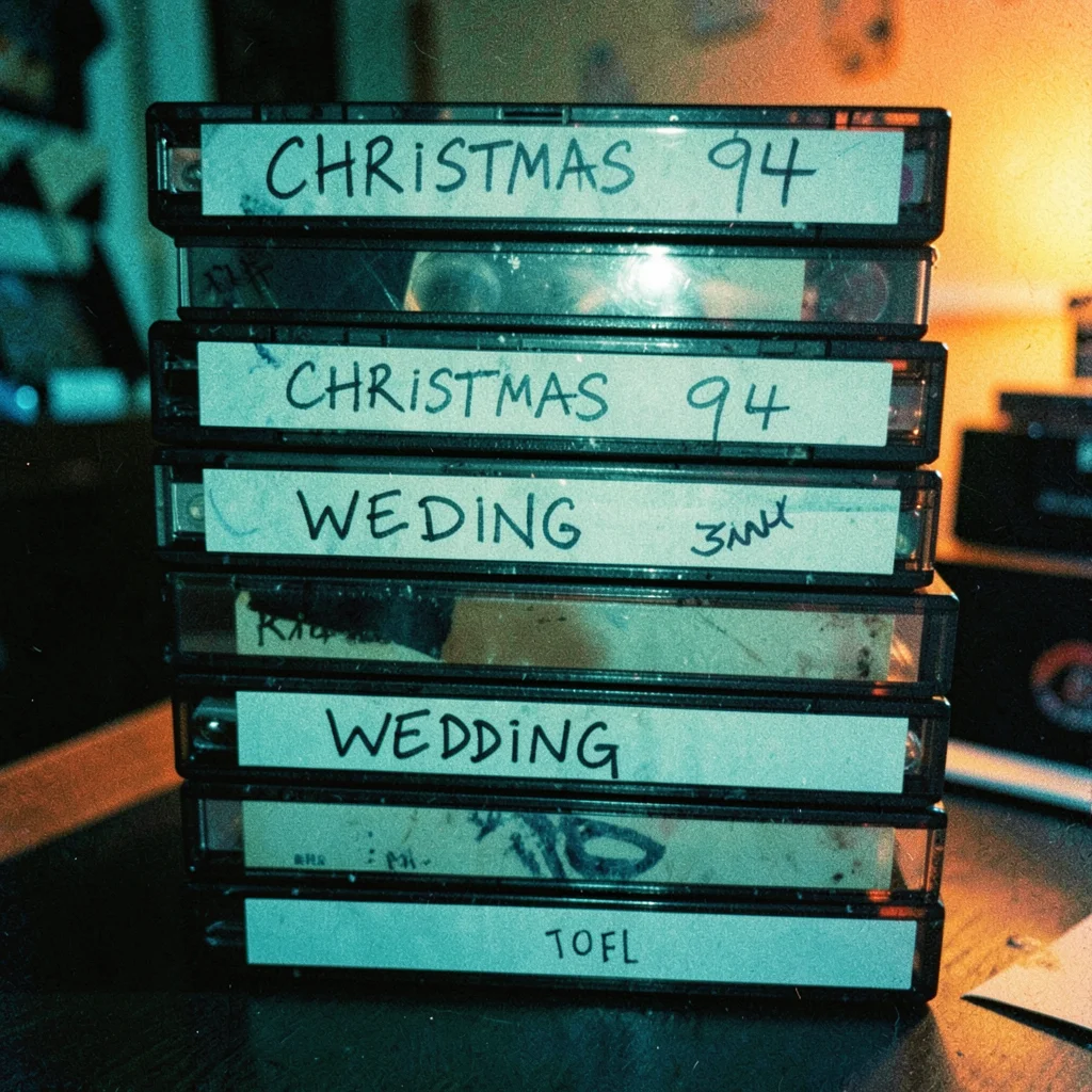 Stack of VHS tapes with handwritten labels, cross-processed into teal and orange