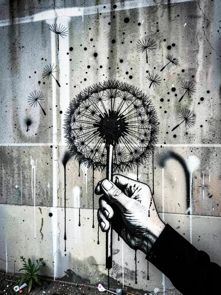 Hand holding a dandelion about to be blown, seeds floating upward as stencil dot