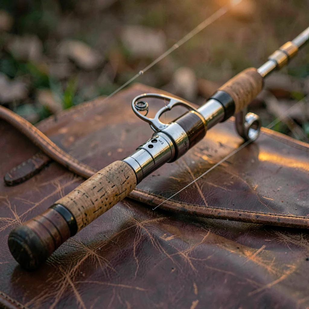 Warm hero of a vintage-style baitcaster on aged leather, slow dusk light catchin