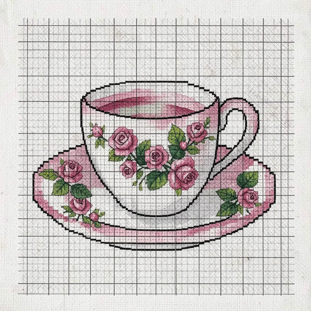 Cross-stitch rose teacup