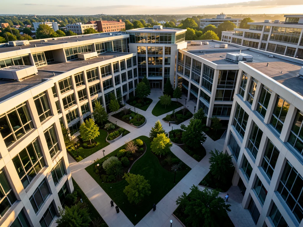 Aerial view of a campus-style tech office with courtyards and greenery between b