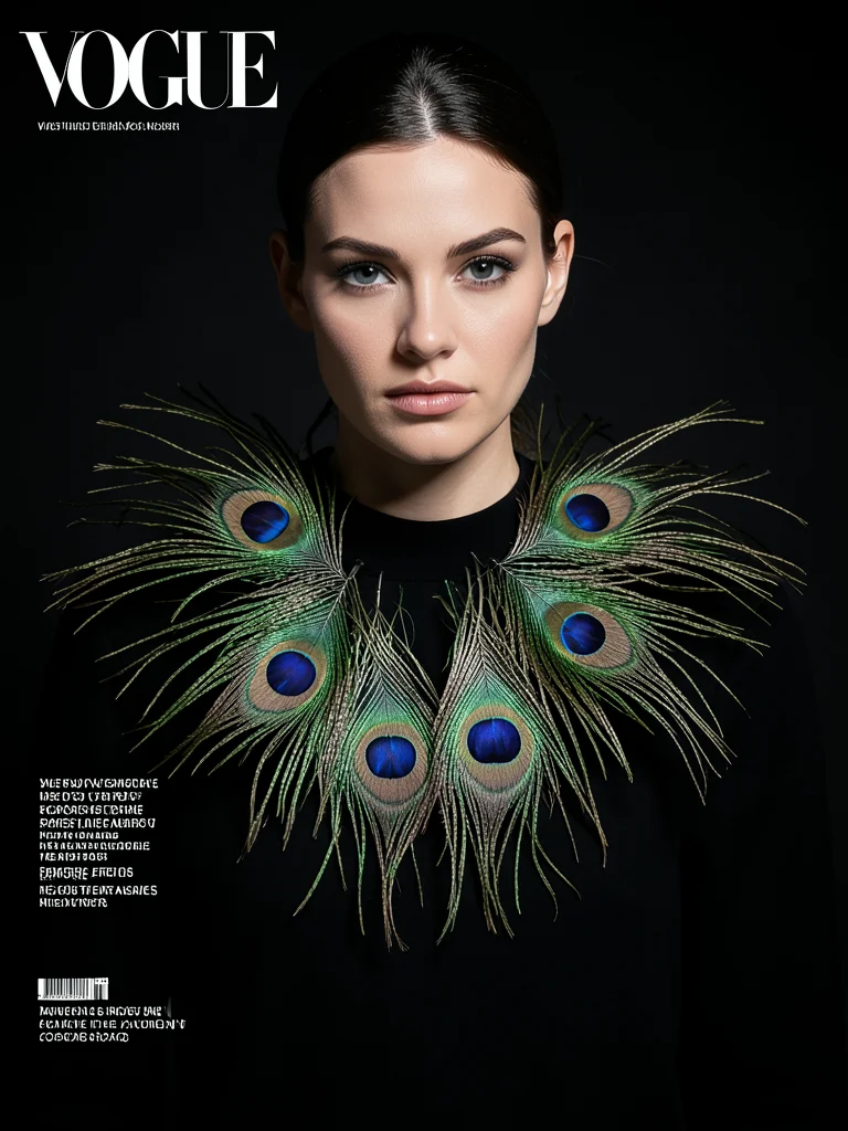 Peacock feathers arranged as a dramatic collar on a minimalist black garment