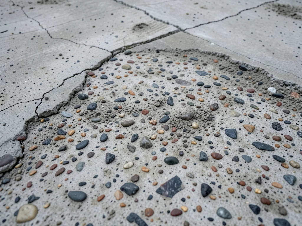 Exposed aggregate concrete, pebbles and stones showing through eroded cement sur