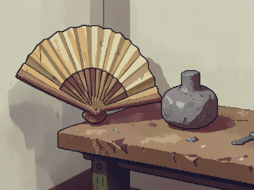 Worn straw-handled fan placed beside a single stone weight on the corner of a du