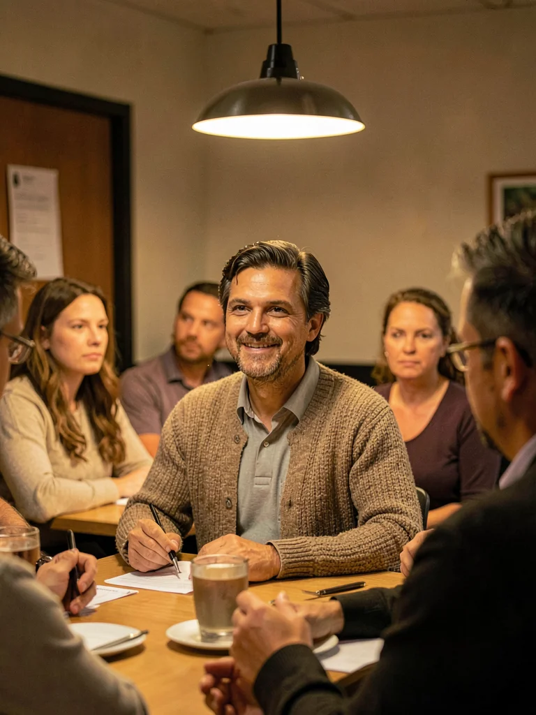 Lamp-lit portrait of a member-lender at a community meeting table, warm overhead