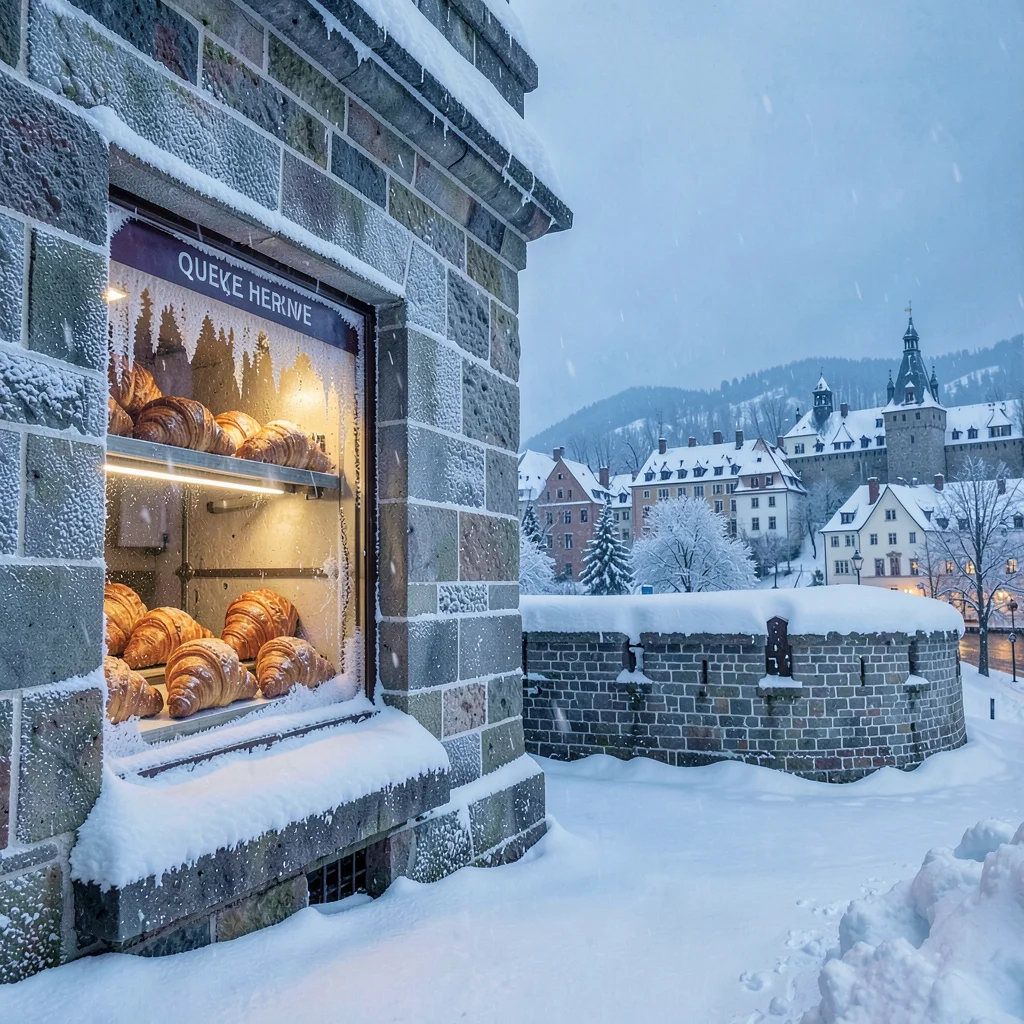 Quebec winter heritage, walled city under snow, Fresh croissants in a bakery win