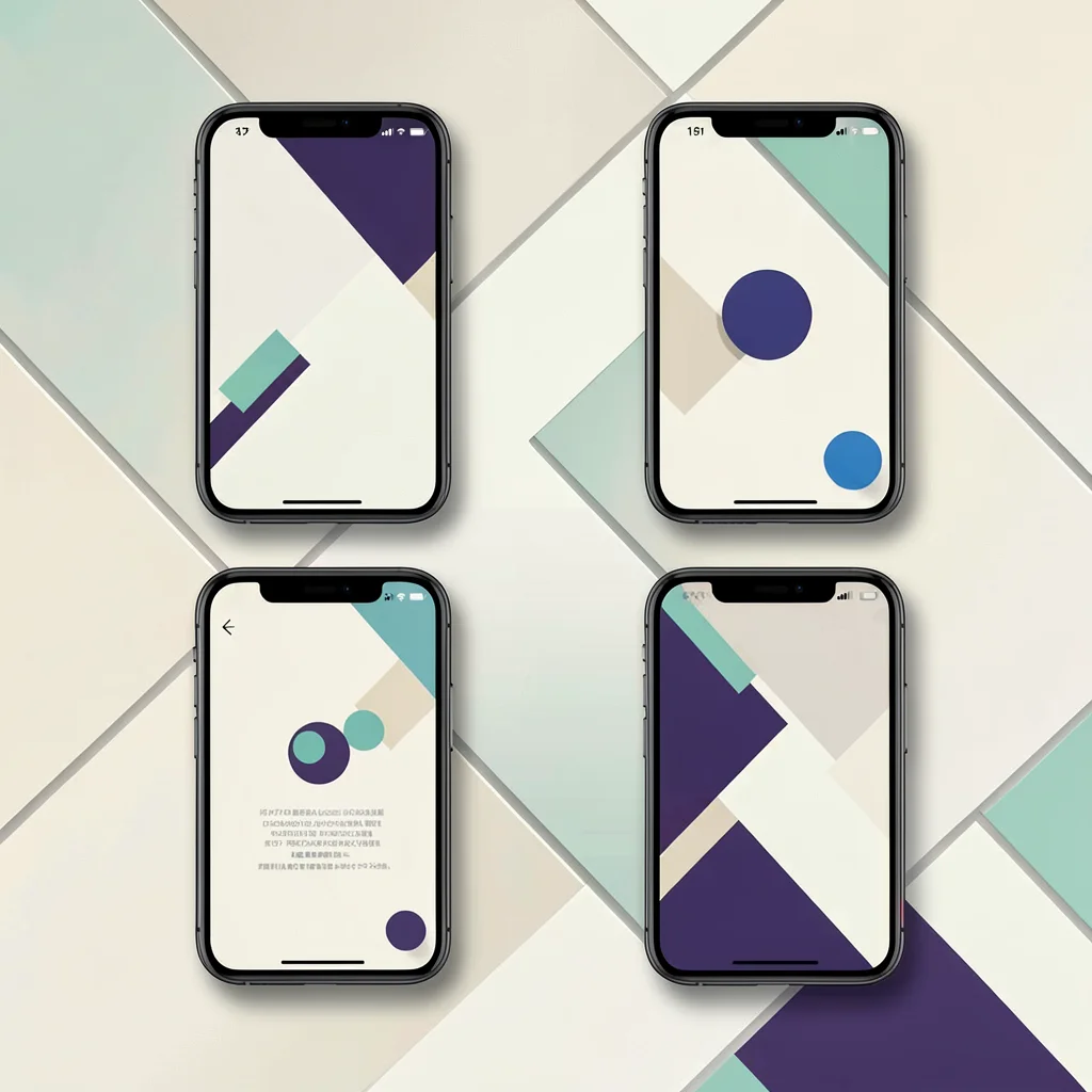 Screenshot grid of four phones forming a diamond, abstract podcast UI, soft drop