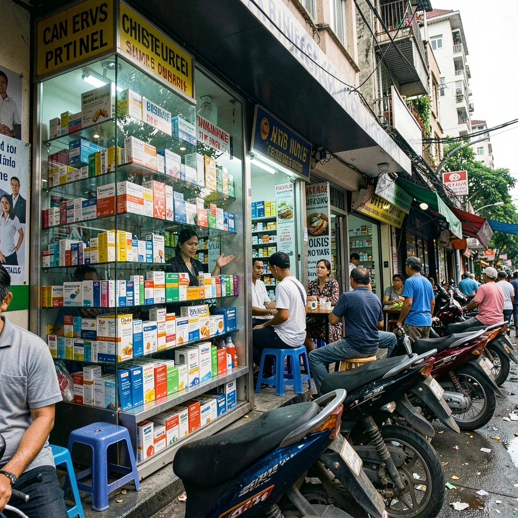 Documentary photograph of megacity life, dense urban scene, A pharmacy window di