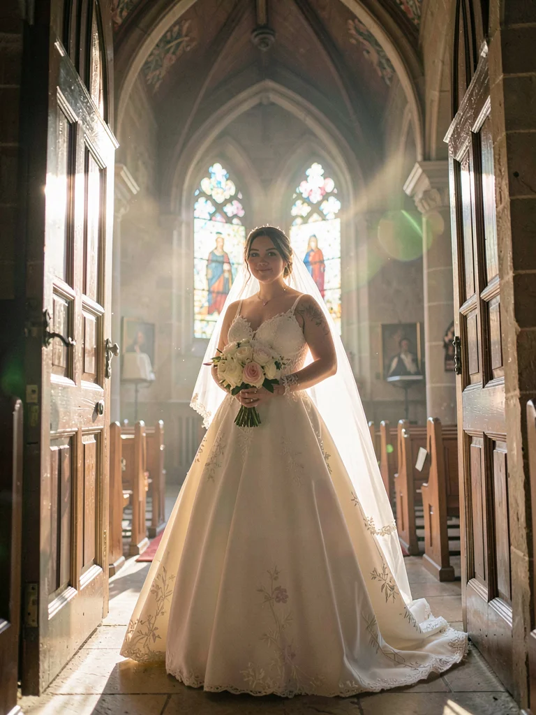 Bride in church doorway, afternoon sun creating veil of flare around white dress