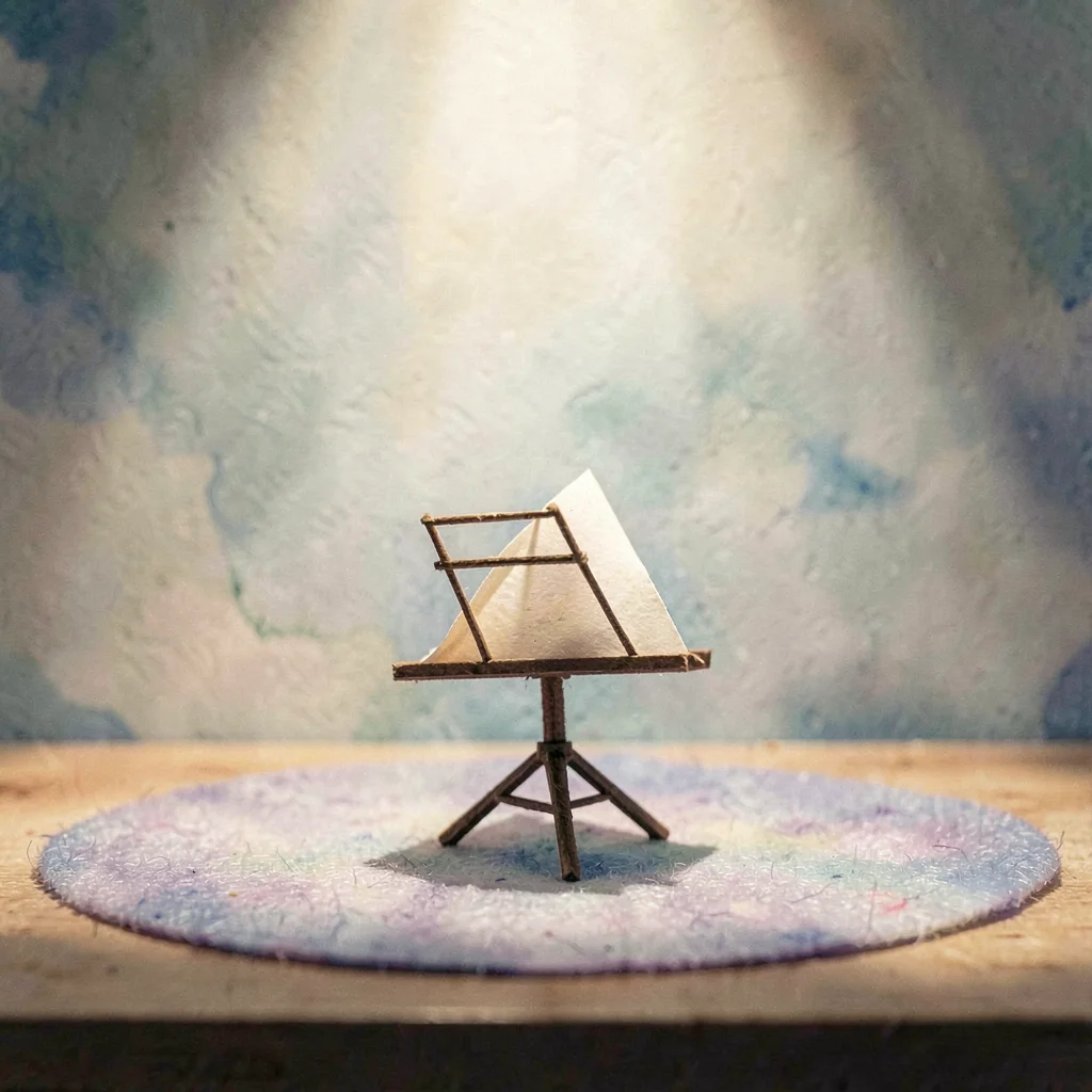 Tiny papercraft music stand with a folded paper sheet, miniature, set on a felt 