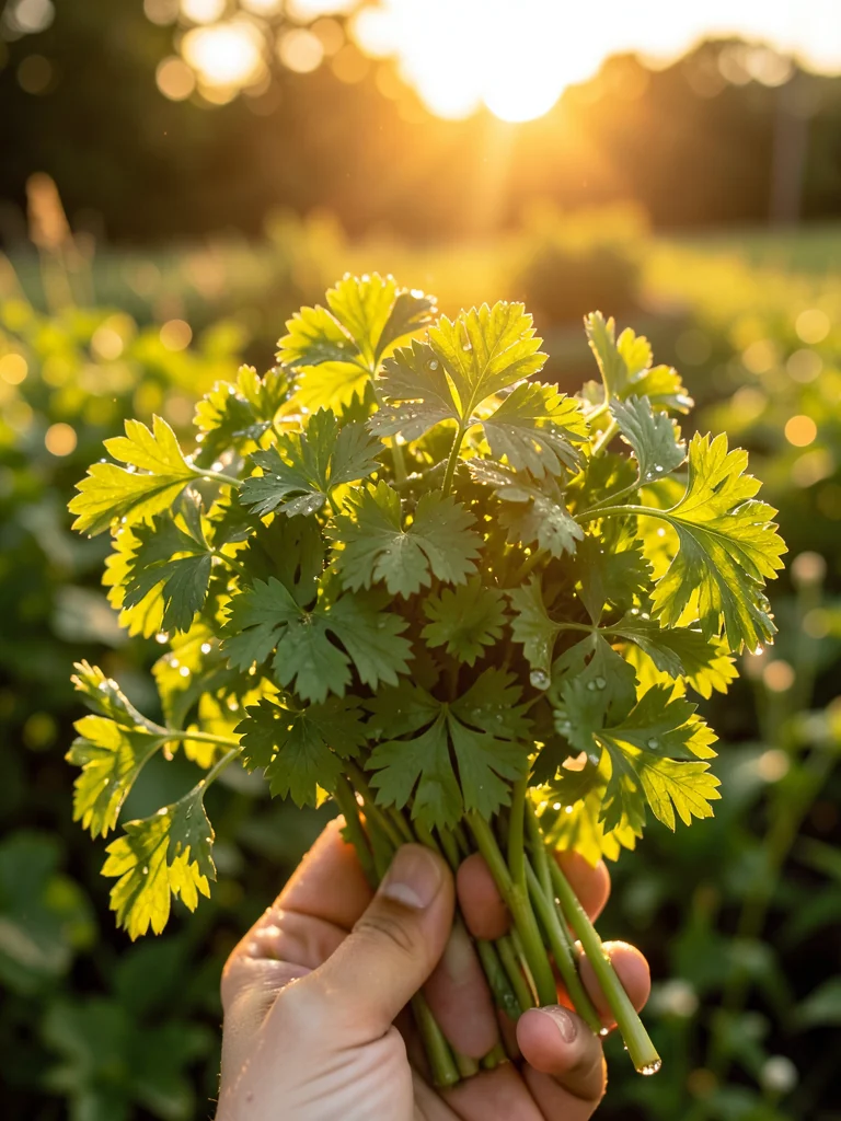 A parsley bouquet freshly cut, water drops on the curly leaves, held in a hand a