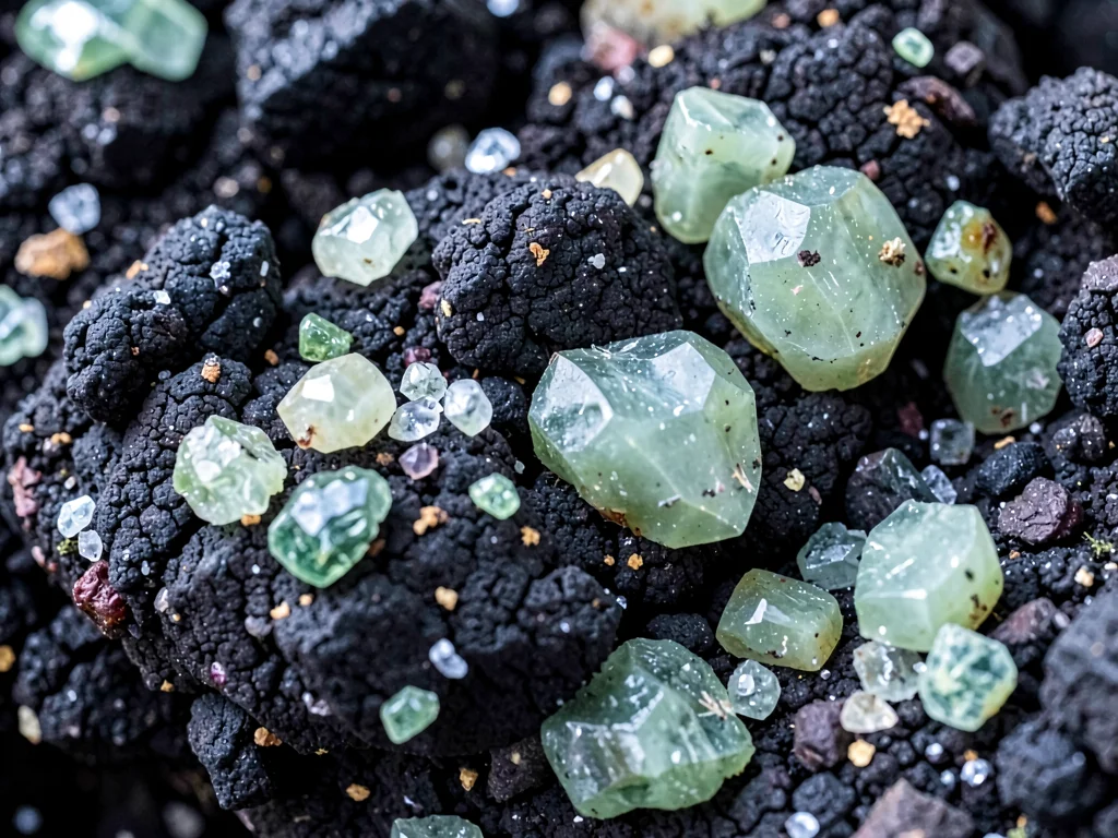Olivine crystals embedded in dark basalt matrix