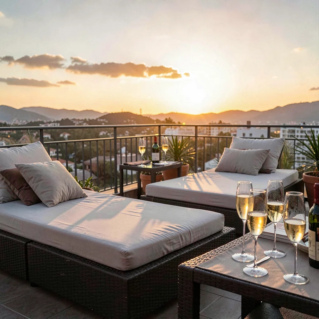 sunset terrace with daybeds and champagne service