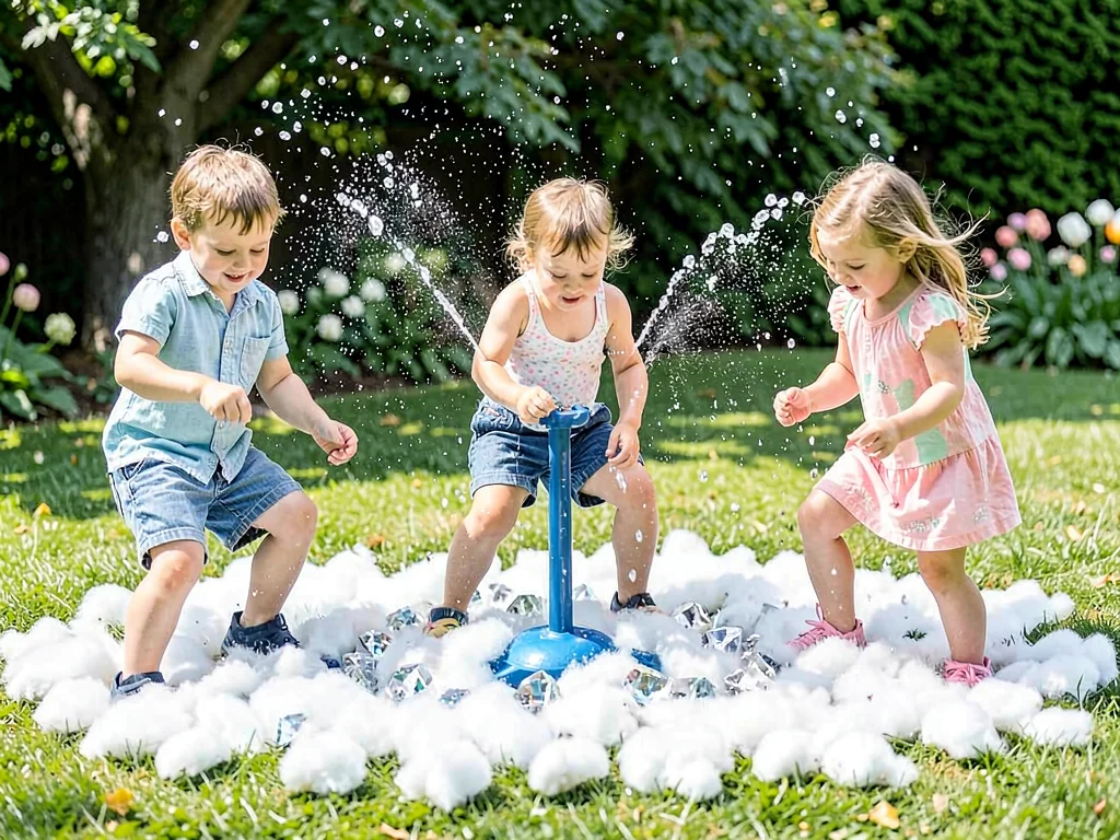 Children playing in sprinkler, lawn cotton-white beneath them, water like diamon