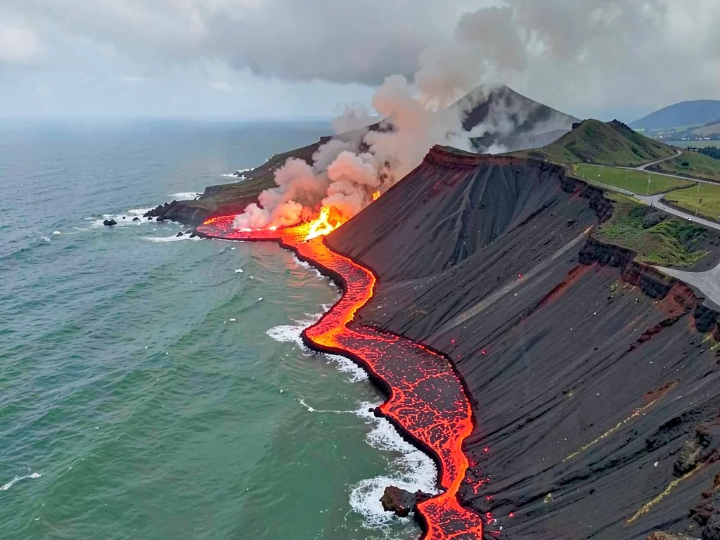 Kilauea eruption with lava flowing to sea, entire descent visible, red rivers me