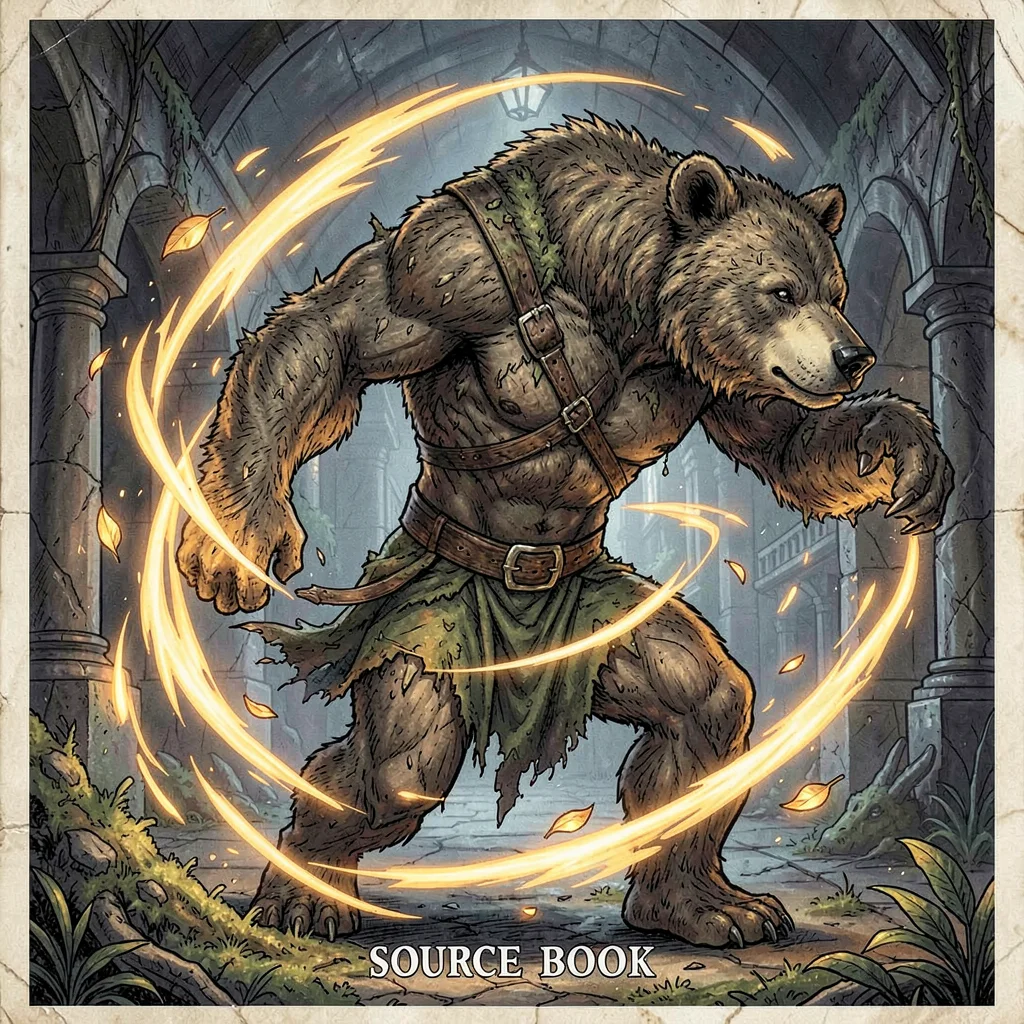 RPG sourcebook illustration, a druid in wild shape transforming into a bear, lea